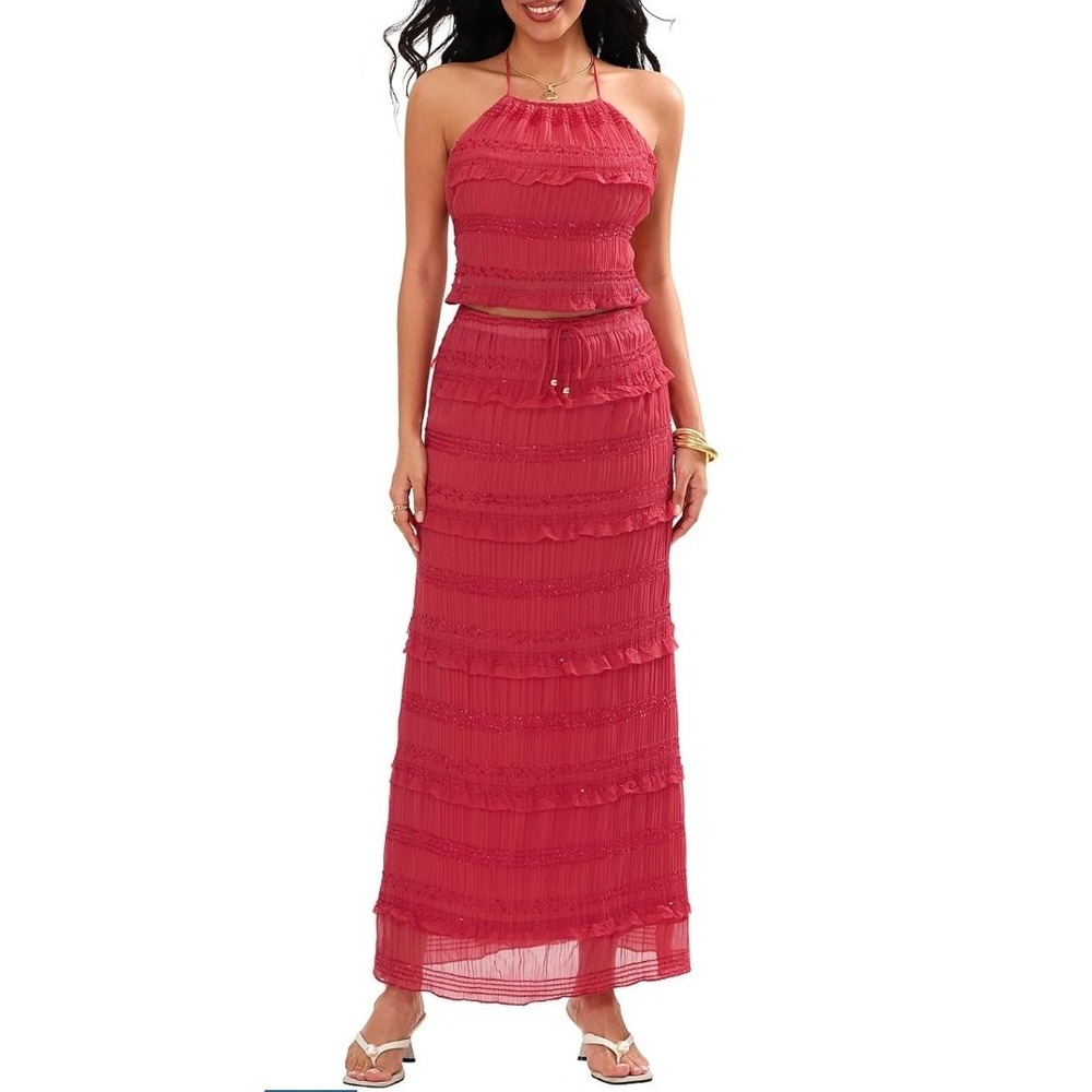 Red 2 Piece Tiered Ruffle Maxi Skirt & Halter Crop Top Set Small Boho Sequin